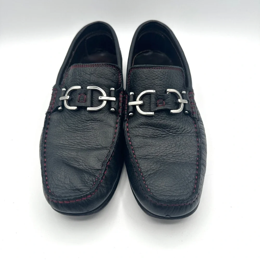 Donald Pliner Loafers Mens 10M Black Dacio 2 Bit Red Stitch Italian Leather Shoe